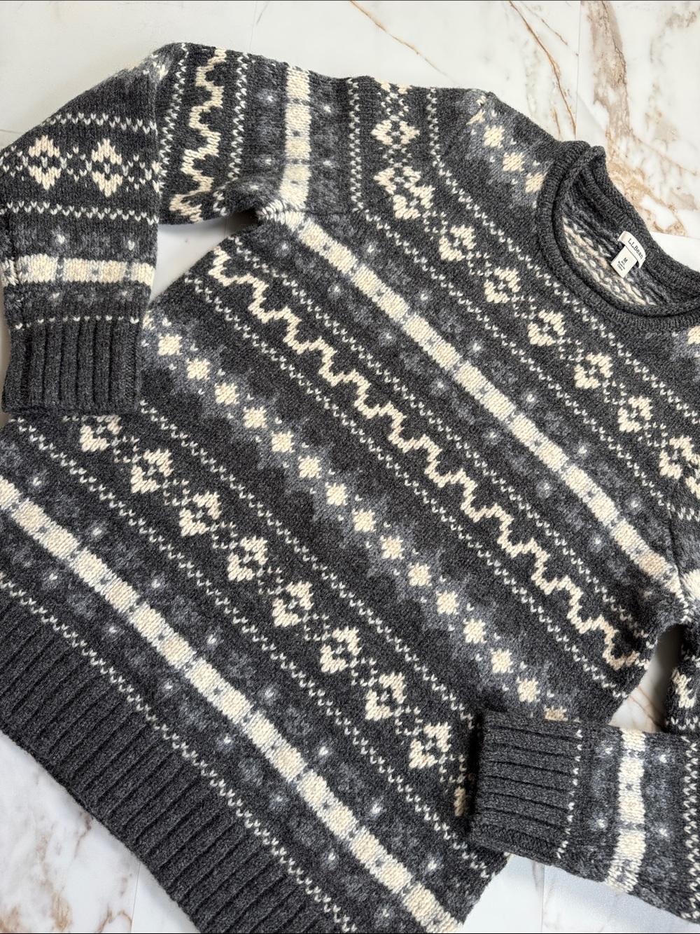 L.L. Bean Lambswool Fair Isle Chunky Knit Sweater Sz M Gray White Fall